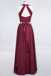 Elegant Chiffon Halter V-Neck Ruffle Bridesmaid Dress with Appliques Sashes-27dress